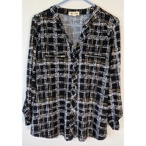 Blue Mood Womens Size L Plaid Roll Tab Long Sleeve V-Neck Top Zipper Accent